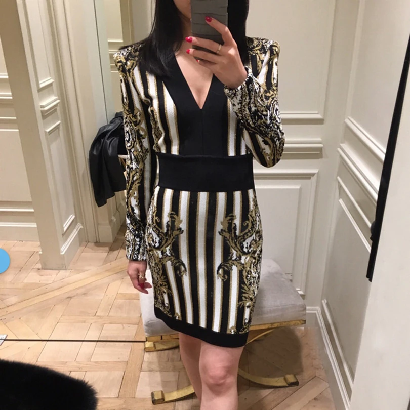 

HIGH QUALITY New 2019 Designer Runway Dress Women's Long Sleeve V-neck Baroque Striped Pattern Bodycon Dress