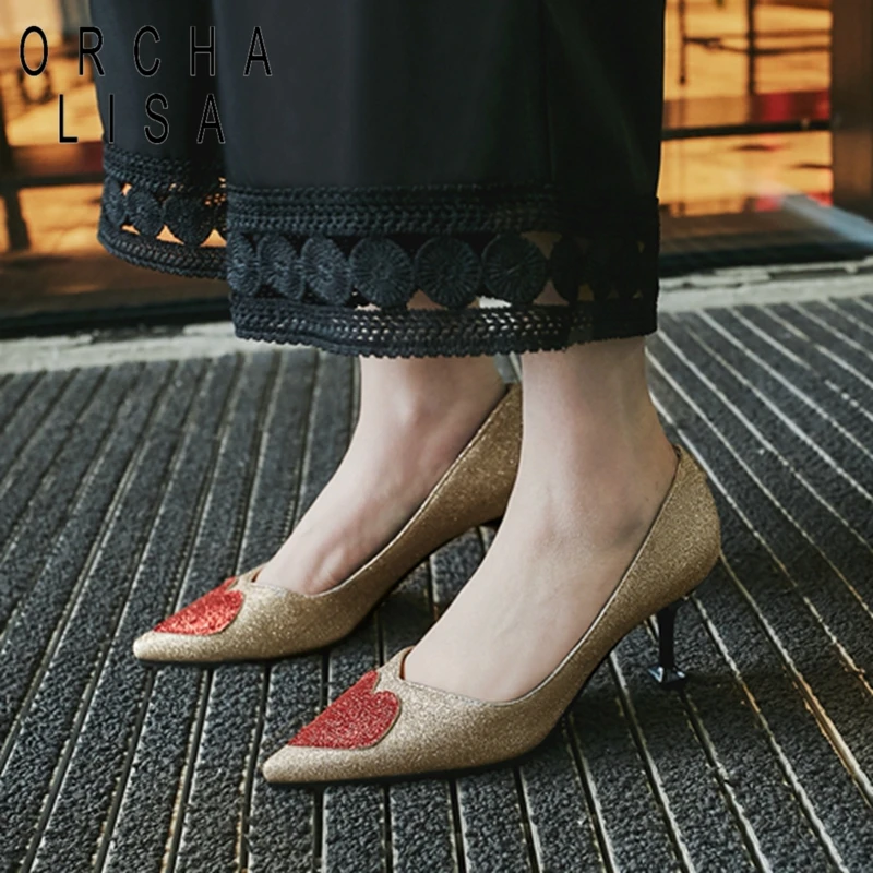 

ORCHA LISA Design Strange Thin high heels Shallow Women New pumps Pointed toe Brand shoes Heart Glitter Size 15 16 17 47 48