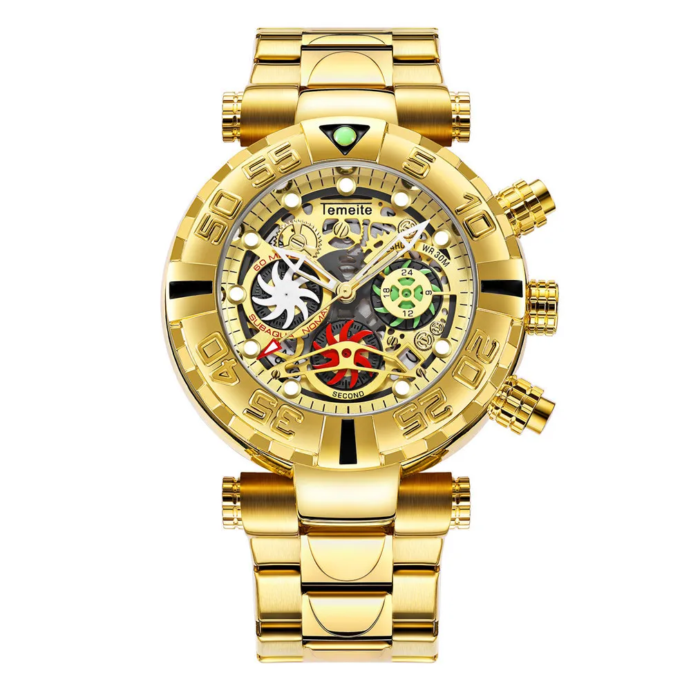 Temiete бизнес часы мужские роскошные модные золотые наручные часы креативные большие красочные кварцевые часы Мужские Спортивные Хронограф Relogio