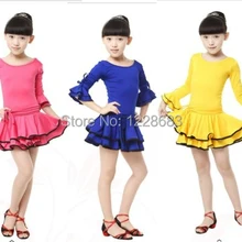 Голубое, желтое и розовое детское платье для латинских танцев с длинными рукавами для девочек Бальный Танец Сальса, костюм