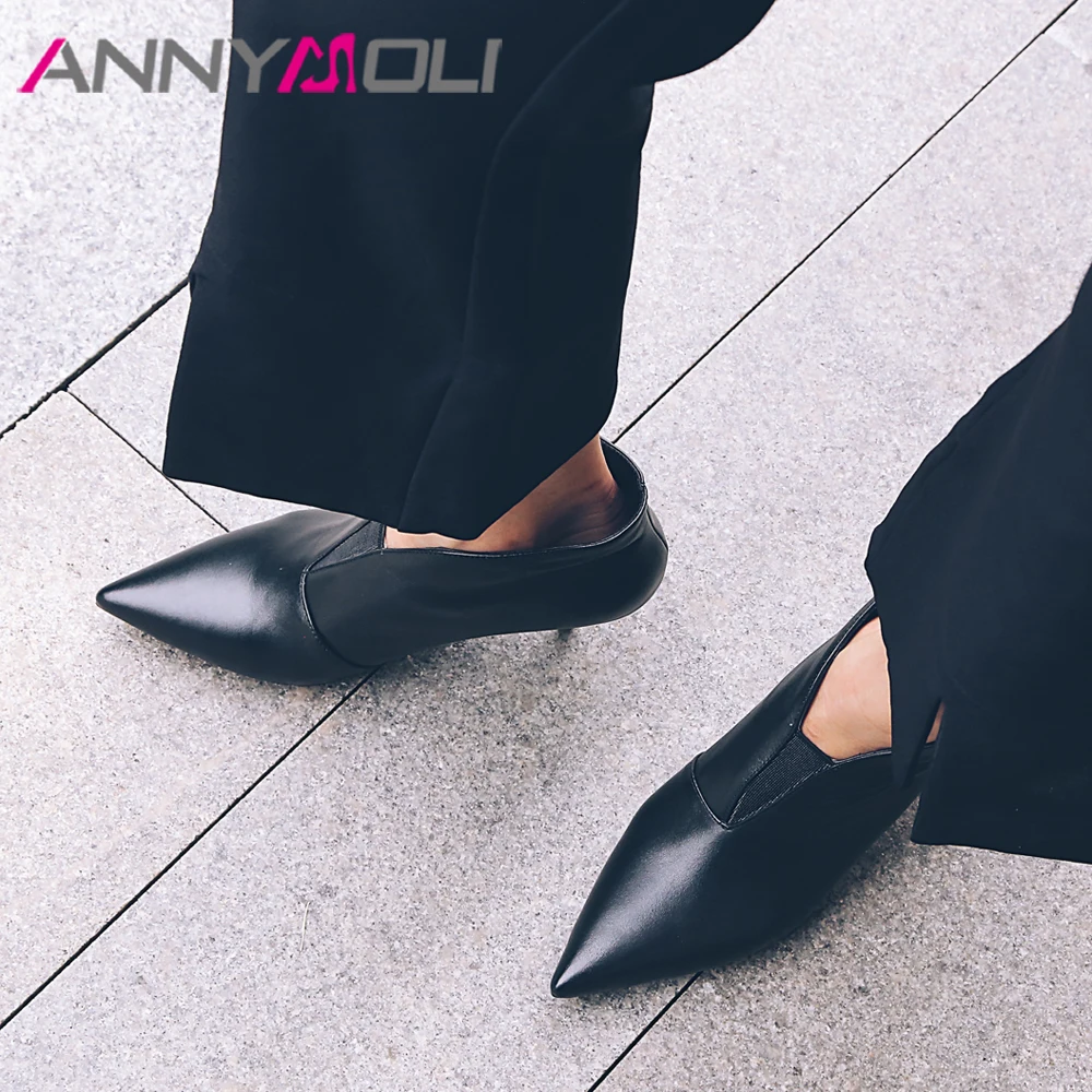 Женские ботильоны с острым носком ANNYMOLI черные зеленые из натуральной кожи на