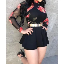 Женский пляжный костюм с цветочным принтом, богемный стиль, круглый вырез, открытая спина, сетчатые вечерние мини-комбинезоны, Женский сетчатый плиссированный комбинезон с вырезом на спине