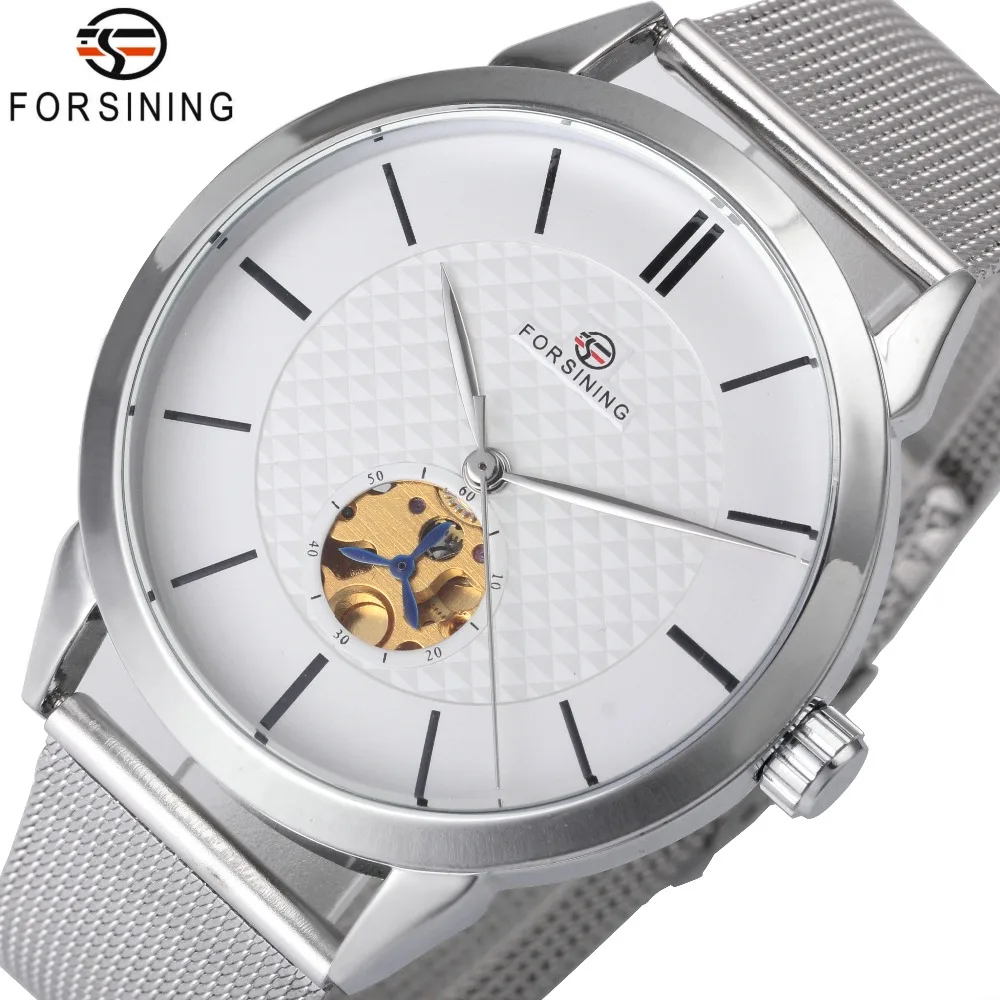 

New Men Mechanical Watches Ultra Thin Minimalist Design Skeleton Dial Stainless Steel Mesh Strap Wristwatch Casual Top Luxury