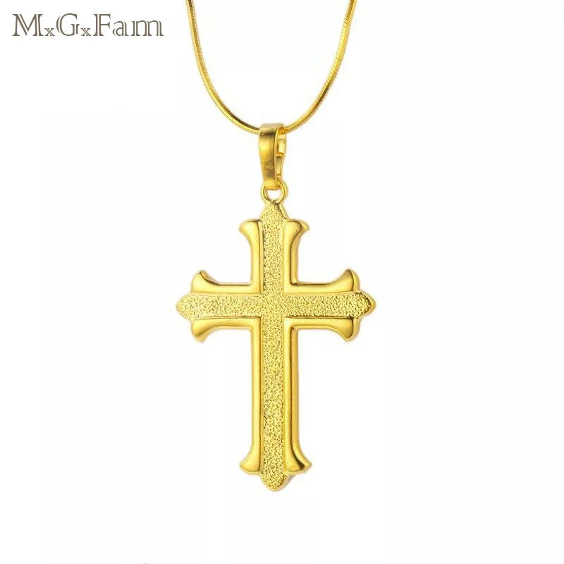 

MGFam Jesus Cross Slide Pendant Necklace Jewelry New Arrival Pure Gold Color with 45cm Snake Chain.