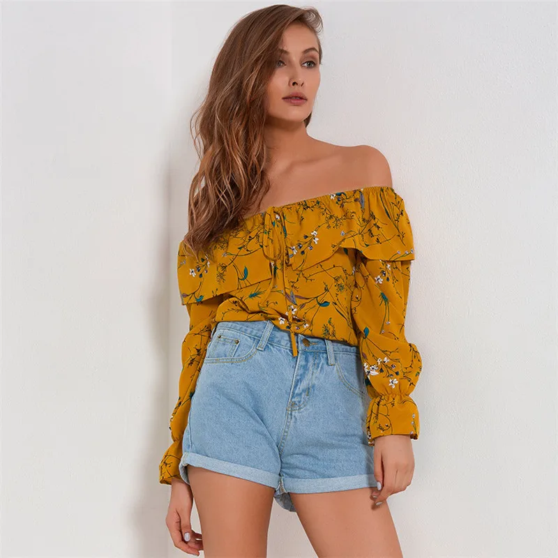 RIISDA Women Slash Neck Shirt Chiffon Print Ruffles Sleeved Blusas Casual Shirts For Womens Blouses Female Spring Summer Tops  (1)