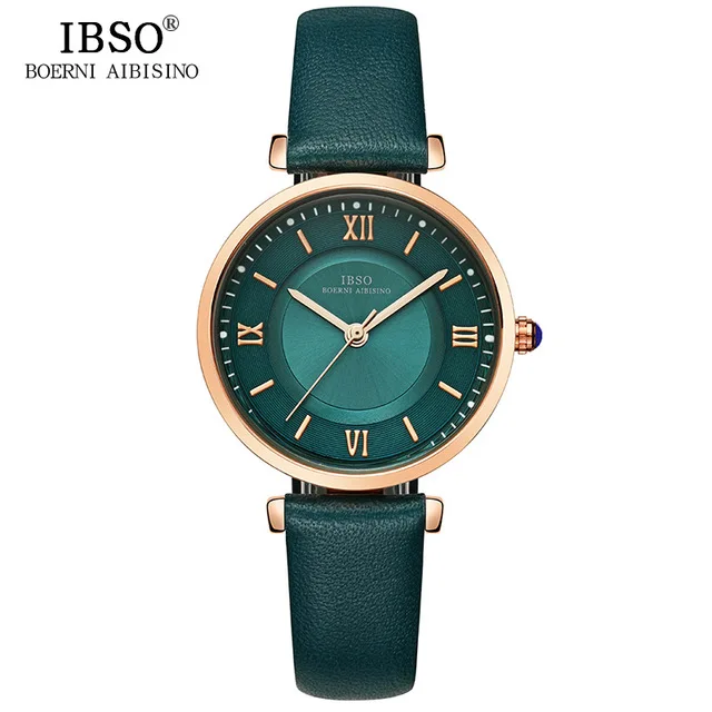 IBSO, новые модные роскошные женские часы, высокое качество, натуральная кожа, ремешок, богатый, для женщин, топ, кварцевые часы, римские цифры, Montre Femme - Цвет: green