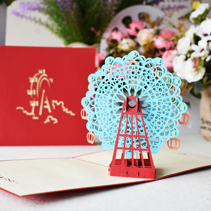 

3 color 3D Ferris wheel Pop UP Card Birthday with envelope sticker laser cut invitation Greeting Card postcard creative Gift