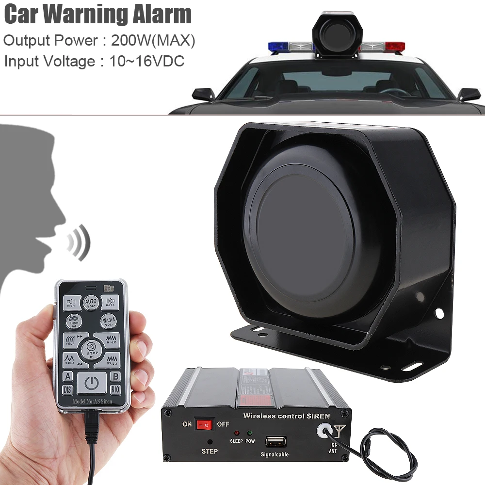 

12V 200W 18 Tone Loud Car Warning Alarm Police Siren Horn PA Speaker with MIC System & Wireless Remote Control