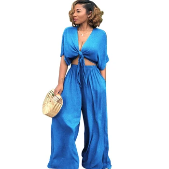 

Sexy Denim Two Piece Set Women Deep V-Neck Short Sleeve Bow Tie Up Crop Top + Wide Leg Pants Loose Casual Jean 2 Pieces Outfits