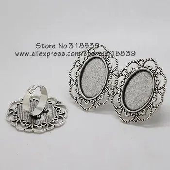 

(10 pieces/lot) Antique Silver Alloy Filigree Adjustable Ring Bases Blanks 18*25mm Oval Cabochon Rings Settings Findings 8060