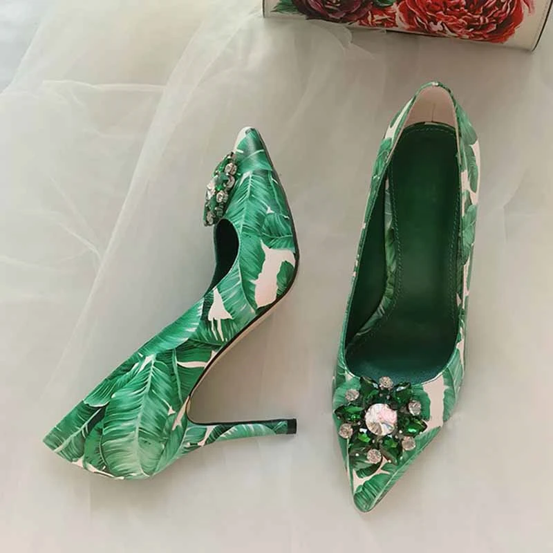 VIISENANTIN 2019 new green leaf printing high heel shoes 6cm 10cm heel shallow mouth pointed toe sapatos crystal summer shoe