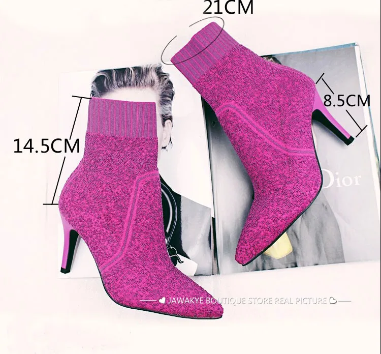 JAWAKYE/Дизайнерские шерстяные вязаные ботиночки feminina; ботильоны для женщин на высоком каблуке; цвет розовый, хаки; эластичная обувь; сезон весна-осень; сексуальный носок
