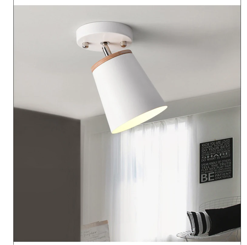 Modern Led Ceiling Light Fixture Iron Lampshade With Wood Adjustable Angle Nordic Indoor Hanging Lamp Corridor Aisel E27 White