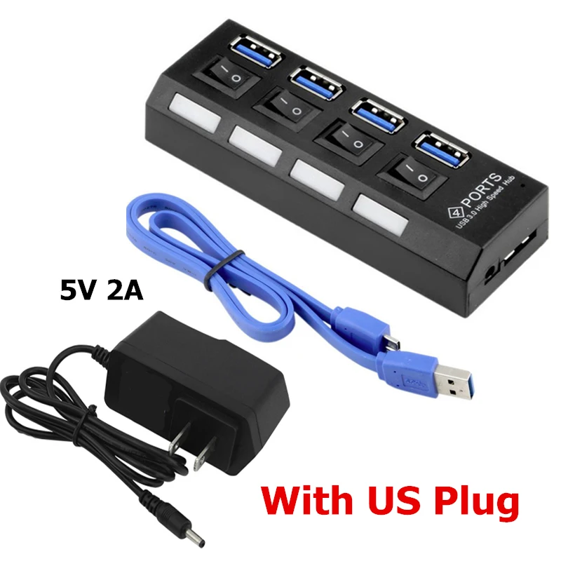 Black and US Adapter USB 3,0 сплиттер 4 порта СВЕТОДИОДНЫЙ Переключатель ВКЛ/ВЫКЛ высокоскоростной портативный usb-концентратор 3,0 адаптер питания для Macbook ноутбук аксессуары - Цвет: Black and US Adapter