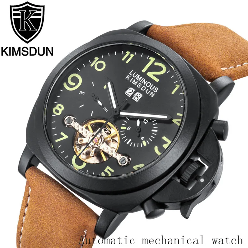 

KIMSDUN Watch Men Luxury Waterproof Perspective Tourbillon Window Fashion Business Watch Men Casual Leather Mechanical Watches
