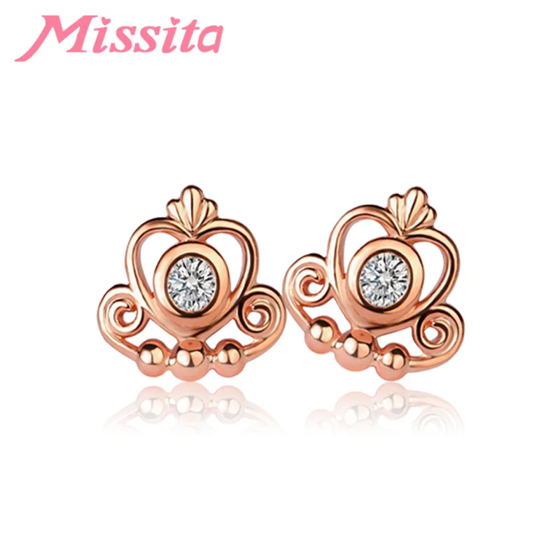 

MISSITA Romantic Rose Gold Crown Earrings for Women Wedding Silver Jewelry Brand Stud Earrings Anniversary HOT SELL Gift