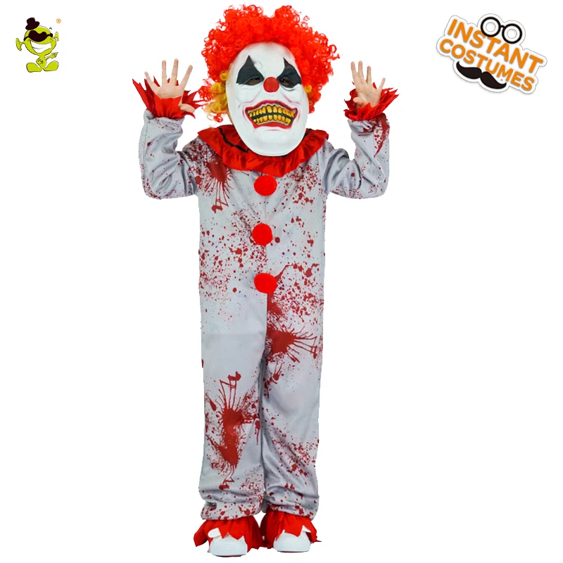 

Boys Evil Clown Costumes Halloween Masquerade Party Bloody Buffon Role Play Outfit Children Grim Killer Disguise Sets