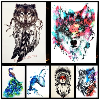 

HOT Dream Catcher Black Wolf Feather Temporary Tattoo Women Henna Paste 21x15CM Sexy Large Body ARm Peacock Waterproof Tatoo Men