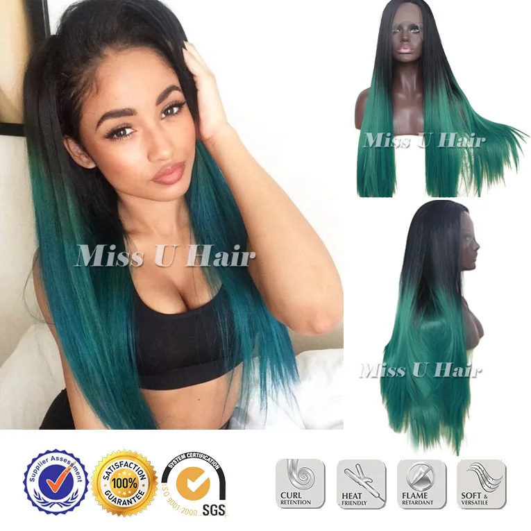 Synthetic artificial hair green wig Japanese long hair ombre green lace