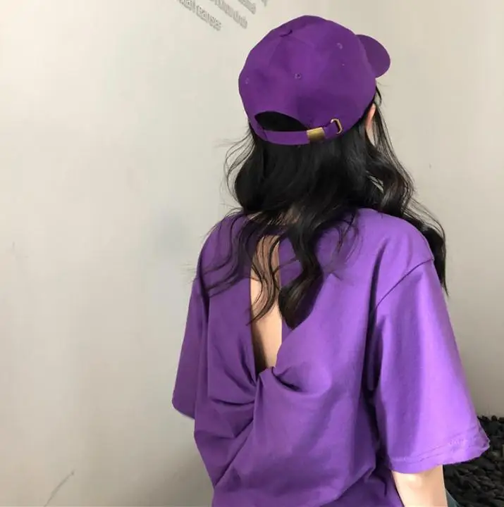 

2019 New Women's Tees Loose Backless Short-sleeved T-shirt Female Solid Color Girl Student Tops Summer Cotton Clothong