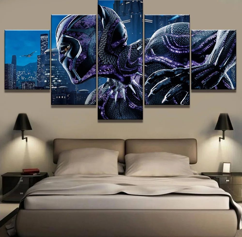 5 Piece Canvas Art Black Panther Poster Modern Decorative Paintings On