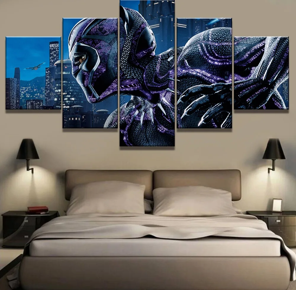 5 Piece Canvas Art Black Panther Poster Modern Decorative Paintings on