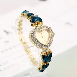 Женские маленькие золотые сердечки браслет роскошный круглый Полный Бриллиант повседневные часы Аналоговый кварцевый механизм наручные
