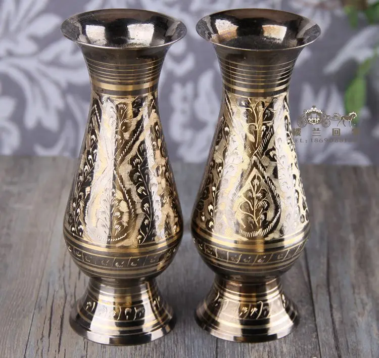 Image 16.5cm Height 2pcs Copper Greece Greek Key Etruscan Painted pakistan vase copper crafts tools lighter wedding Decoration Brass