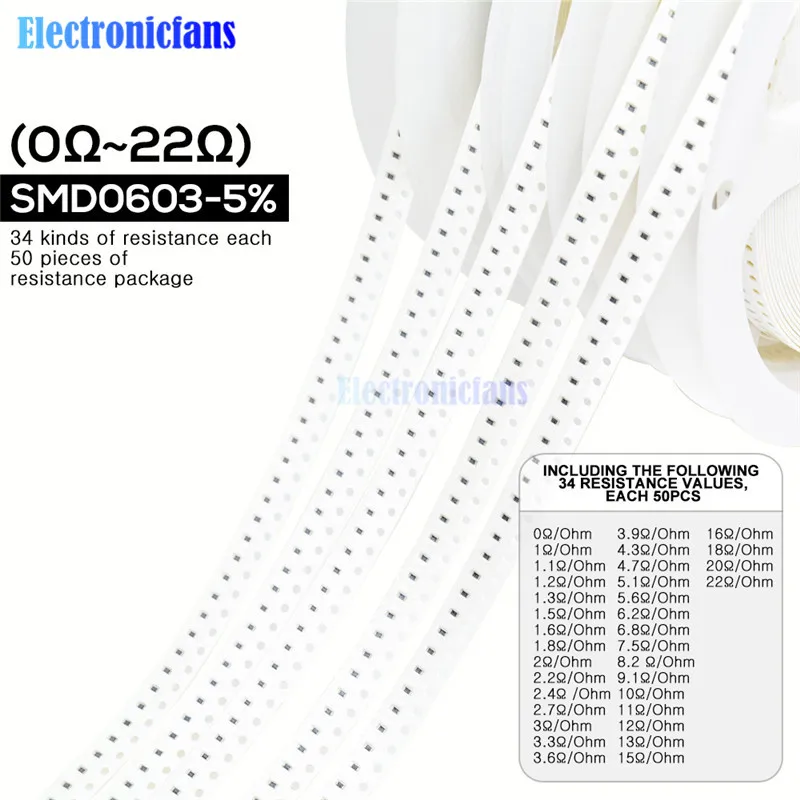 

1700PCS/Lot 0603 SMD Resistor 0R -10M Ohm 5% 1/10W 0.25W Chip Resistance Fixed Resistor Assorted Kit 34 Values X 50pcs =1700pcs