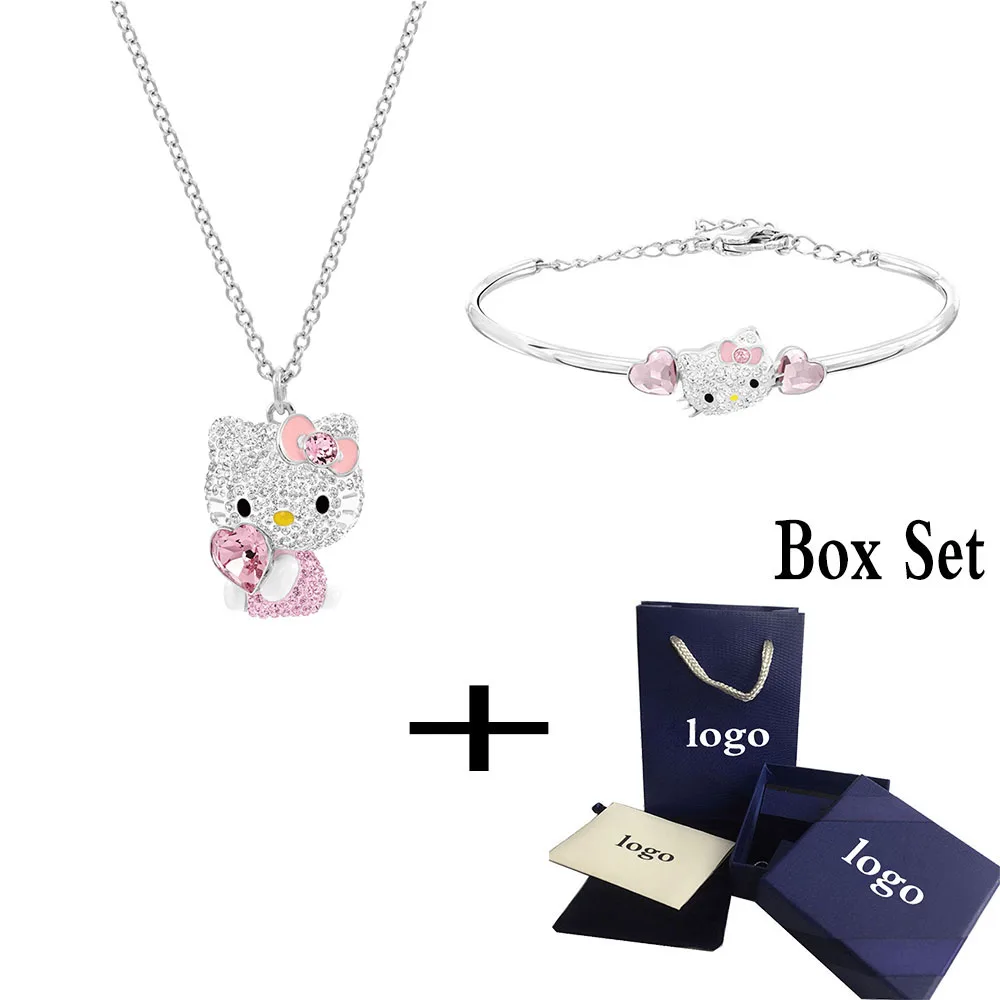 

SWA RO 2019 New HELLO KITTY HEART Necklace Set Shiny Pink Bow Crystal Female Clavicle Necklace Set Romantic Birthday Gift