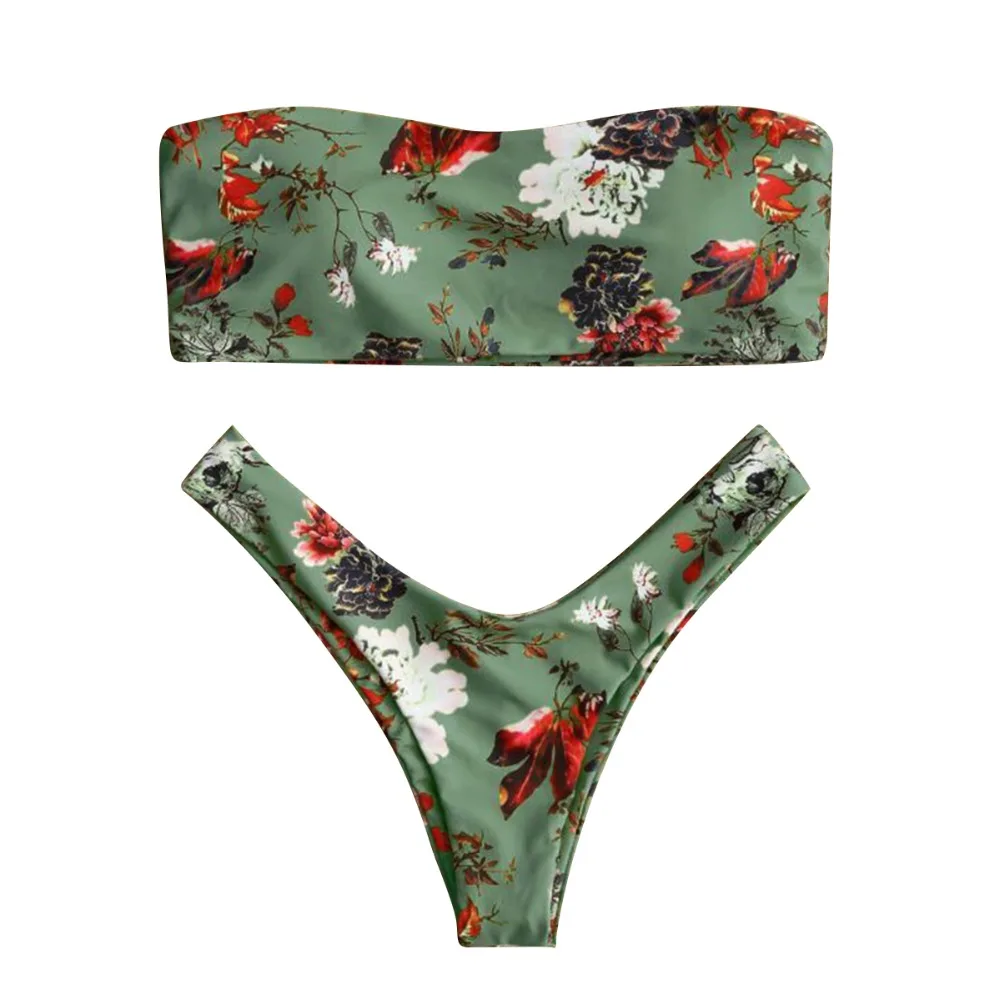 

2pcs/set summer Retro Printed New Strapless Women Solid Swimming set New Item Sexy Off Shoulder Bathing Suit