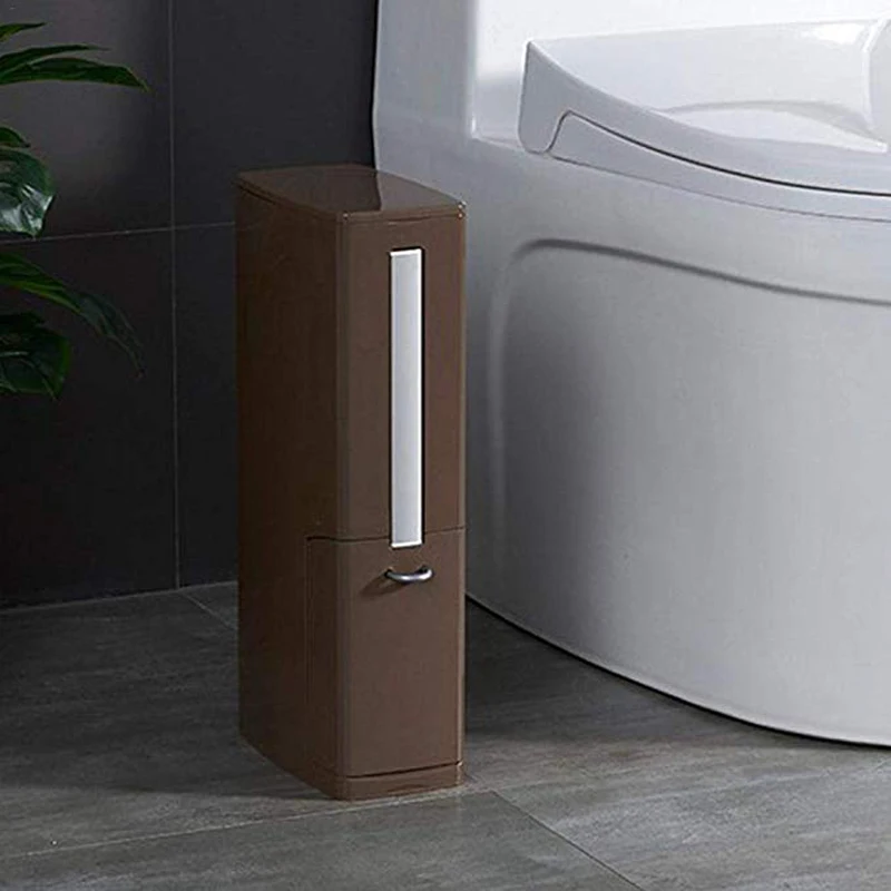 

Bathroom Trash Can with Lid Toilet Paper Basket Narrow Type Multifunction Save Space Toilet Brush Simple PP Plastic White Brown