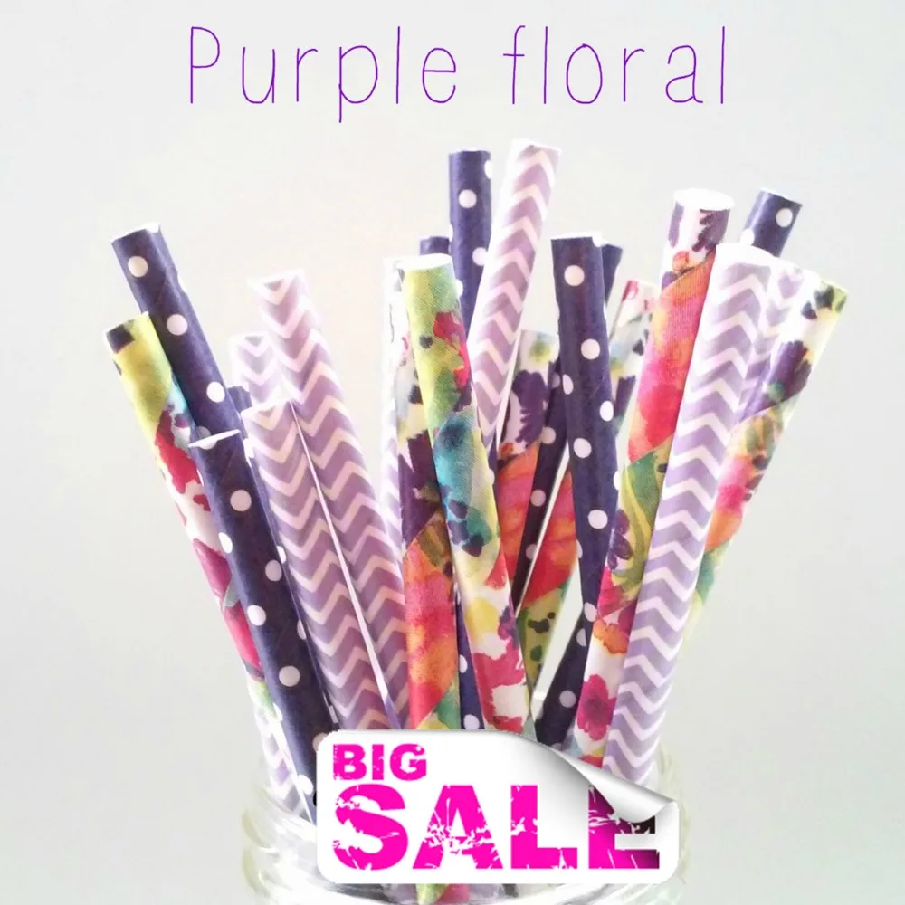 150pcs Mix Colors PURPLE FLORAL Party Paper Straws Lilac Chevron Navy Swiss Dot Colorful Watercolor Flower Wedding Vintage Bulk | Дом и сад