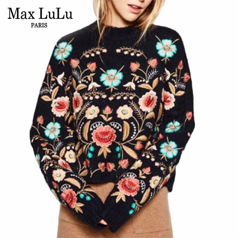 

Max LuLu 3d Floral Winter Embroidery Tops Women's Off Shoulder Sweater Wool Pull Woman Christmas Jumper Ladies Knitted Pullover