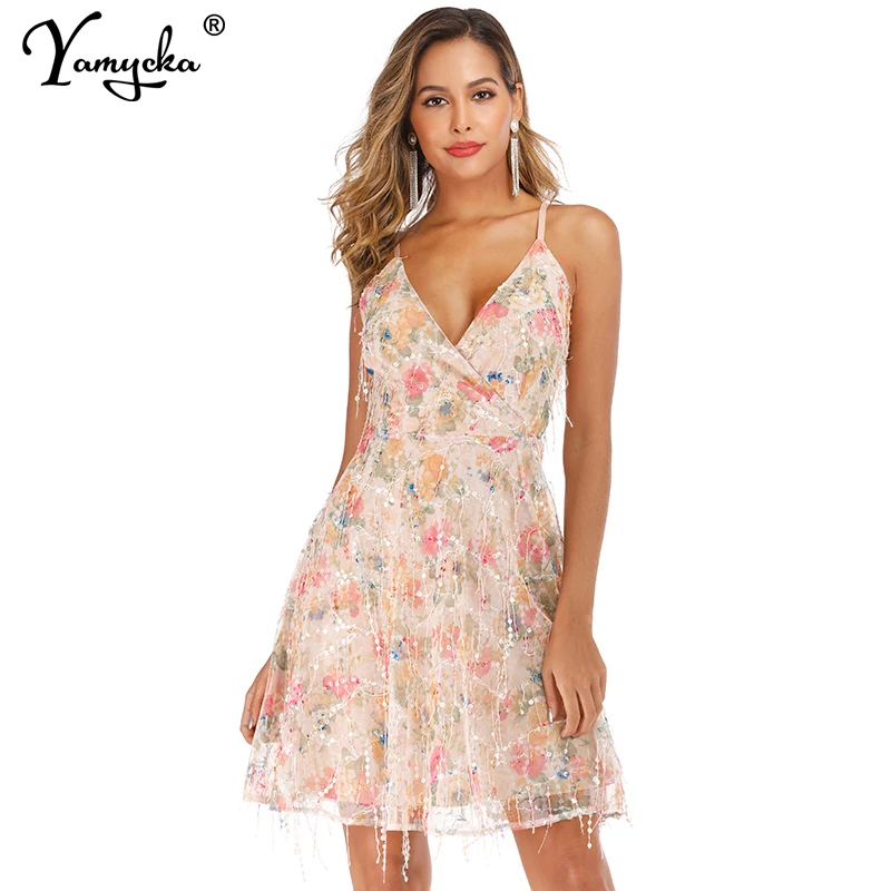 

Sexy party Sequins summer dress women Backless Tassel floral print club sundress elegant bodycon vintage dresses vestidos New HL