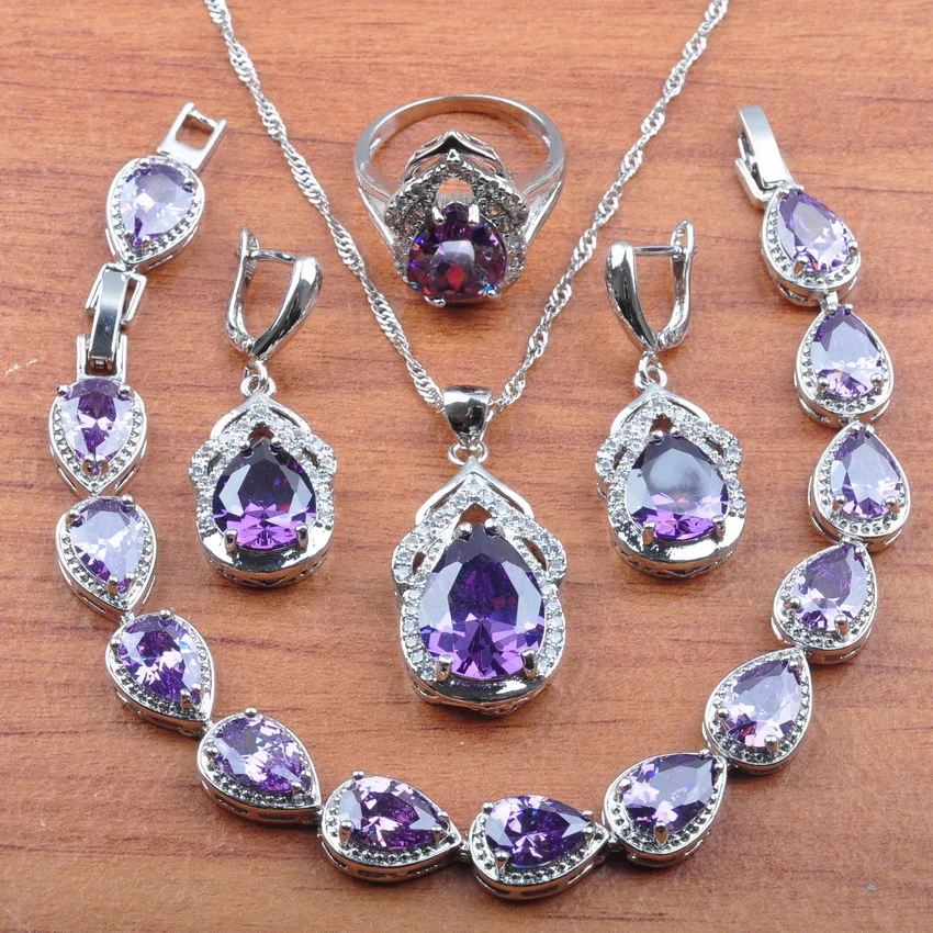 

Wedding Jewellry Purple Zirconia 925 Sterling Silver Jewelry Set For Women Earrings Necklace Pendant Rings Bracelet JS0306