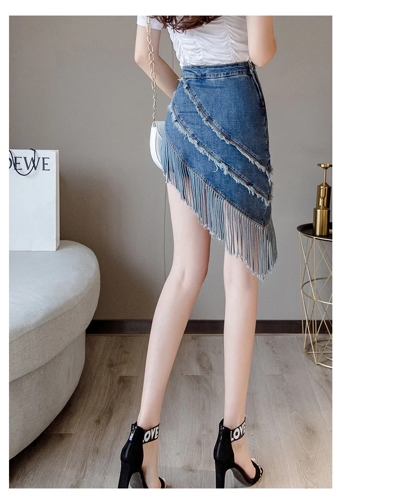 Корейская женская одежда летняя юбка с бахромой брюки нерегулярные джинсовые юбки из денима поддельные две части окантовка кисточка джинсовая мини-юбка