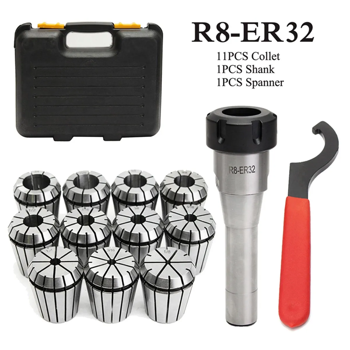 

New 11pcs ER32 Spring Collet Set 3mm-19mm + R8-ER32 7/16 Collet Chuck + Holder Wrench