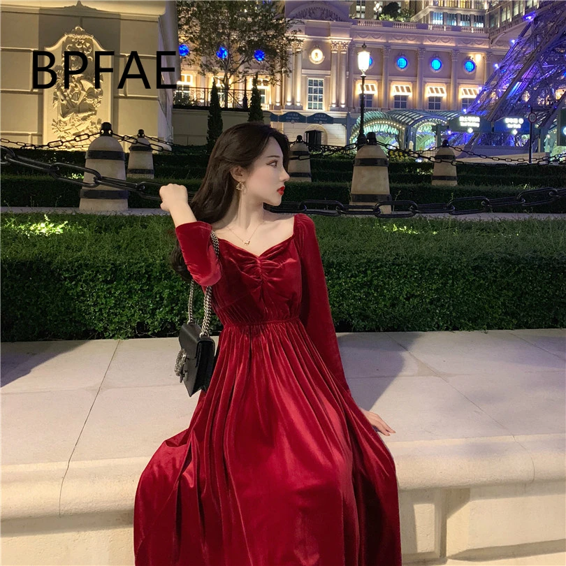 

BPFAE Spring Dress Women 2019 Casual Vintage Velvet Dress Pearl V-Neck Long Sleeve Elegant Red Long Party Dresses Slim Vestidos