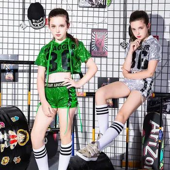 

Children's performance sequins summer hip-hop dancer short sleeves jazz show costume girl 110-160cm height