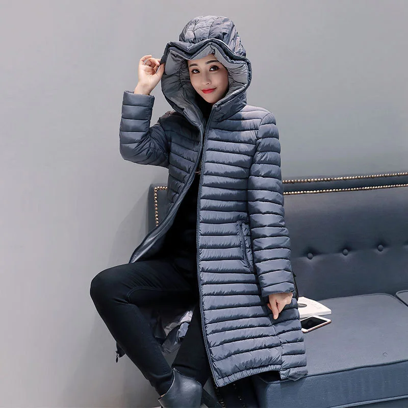 

FYYIYI Office Lady Thin Down Cotton Parka Women's Long Plus Large Size Jackets 2019 Autumn Winter New Fashion Hooded Slim Coats