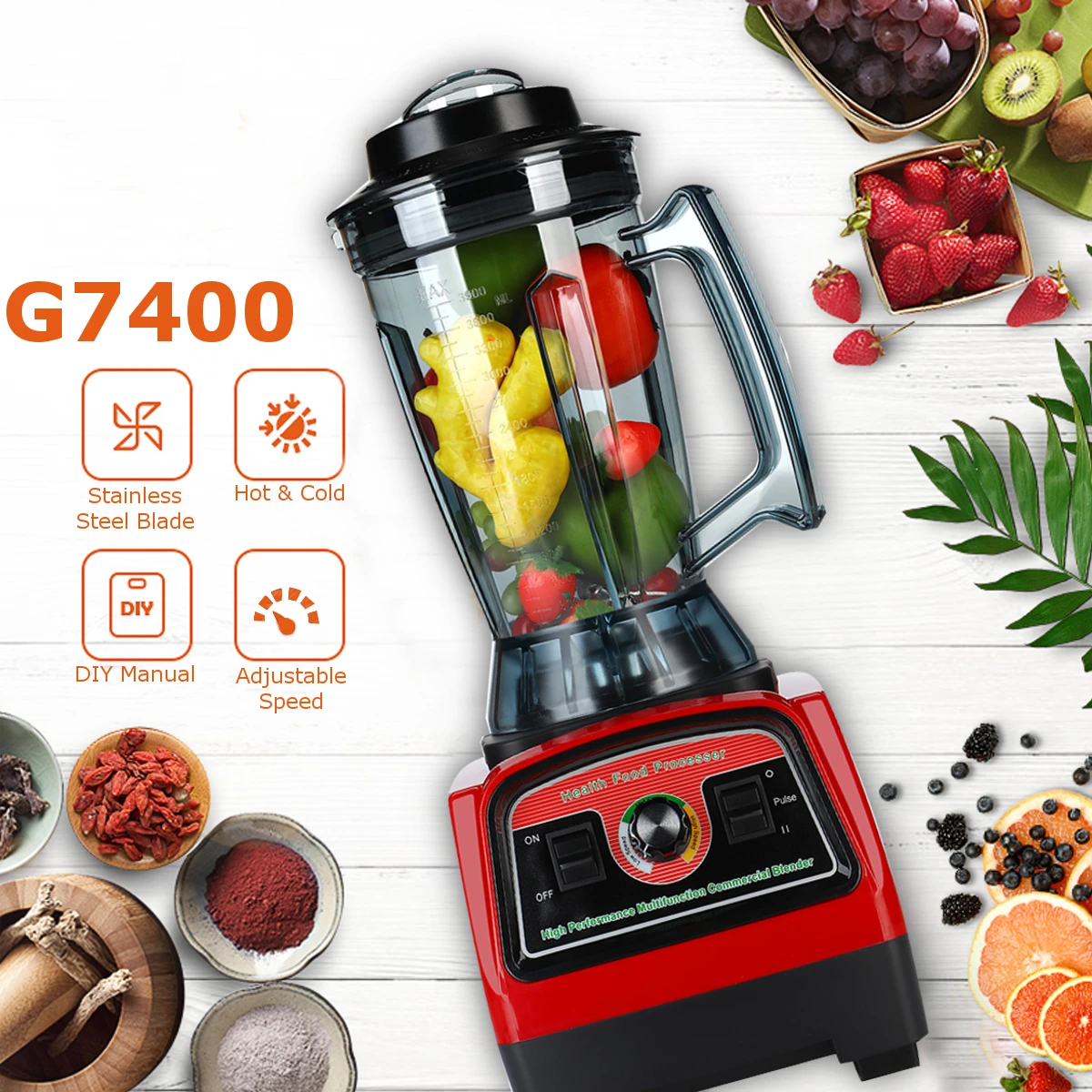 

2800W 110V/220V G7400 Blenders with Blender-Tamper EU/US/AU Plug Create Friction Heat Stainless Steel Blades 3 Adjustable Speed