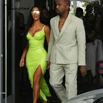 Tobinoone Kim Kardashian Summer Dress Women Sexy Backless Nightclub Party Maxi Dress Split Bodycon super bright neon outfits