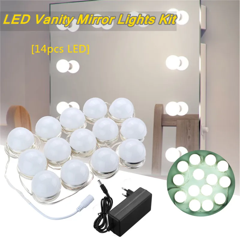 

14 Vanity LED Light Bulbs Kit Cool White Hollywood Lamp With Dimmer Power Supply Sticky Tape for Dressing Table Makeup Mirror