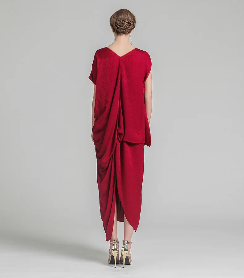 VOA летнее китайское красное с v-образным вырезом шелковое свободное нерегулярное платье 2017 модное с коротким рукавом плюс размер женское