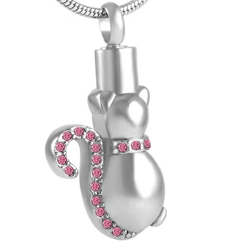 

Cat Shape Necklace Cremation Urn Pendant With Pink Clear Crystal Pet Memorial Funeral Casket Ash Holder Pendant Top Sale
