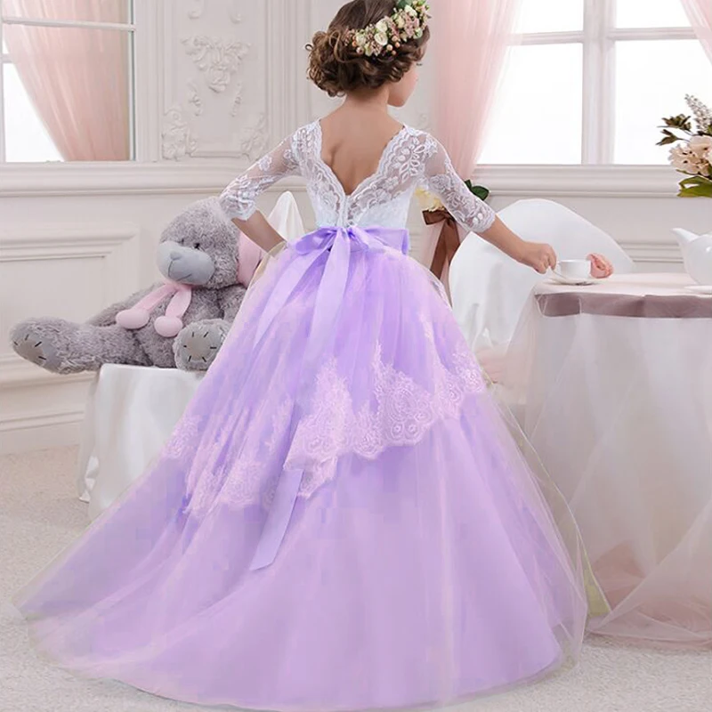 Элегантное платье принцессы для девочек, свадебное, фиолетовое, фатиновое, кружевное, длинное платье для девочек, праздничное, торжественное платье подружки невесты для девочек-подростков