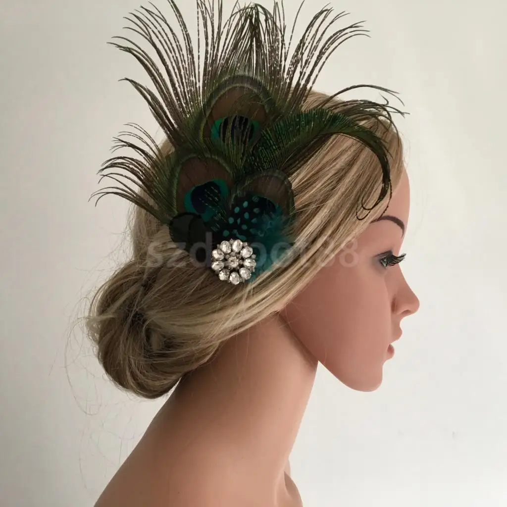 

Vintage Peacock Feather Crystal Flower Hair Clip Headpiece Hair Costume