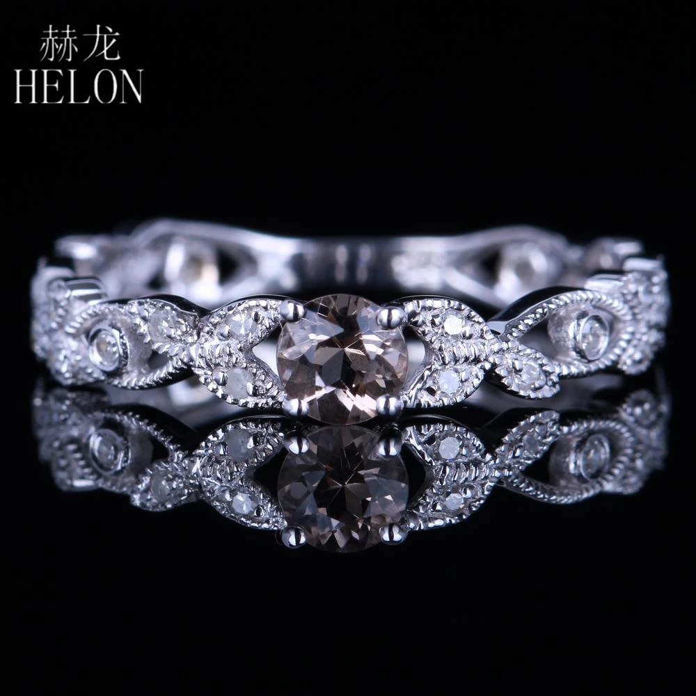 

HELON Antique Round Cut 4mm Genuine Smokey Quartz Gemstone Ring Solid 14K White Gold Fine Women Diamonds Engagement Wedding Ring