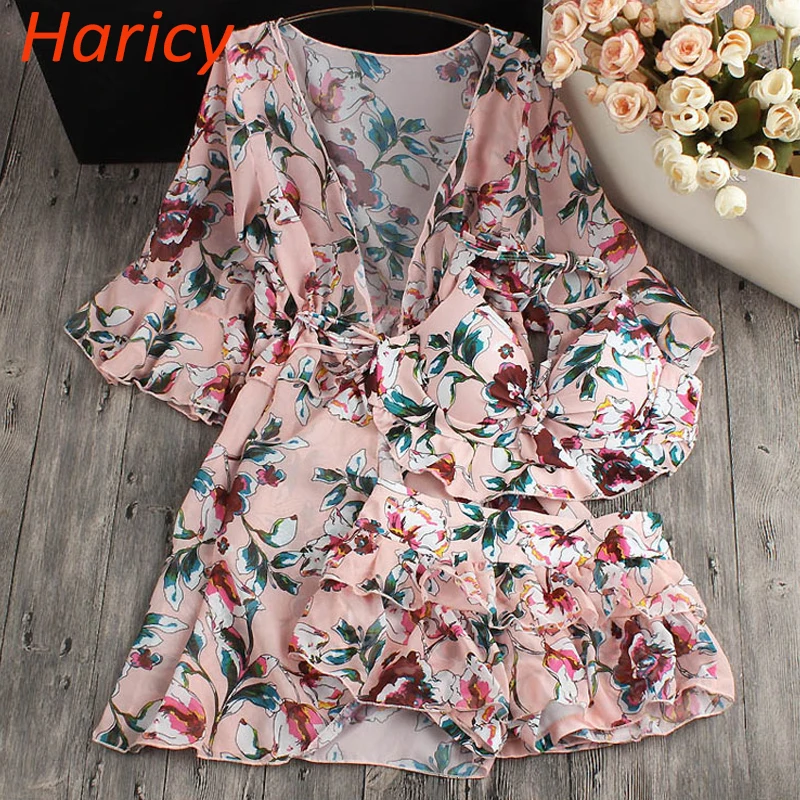 

2018 Ladies Three Floral Pieces Bikinis Sets Swimwear Cover Up Sexy Skirt Women Bathing Suit Push Up Beach Wear Swimsuit